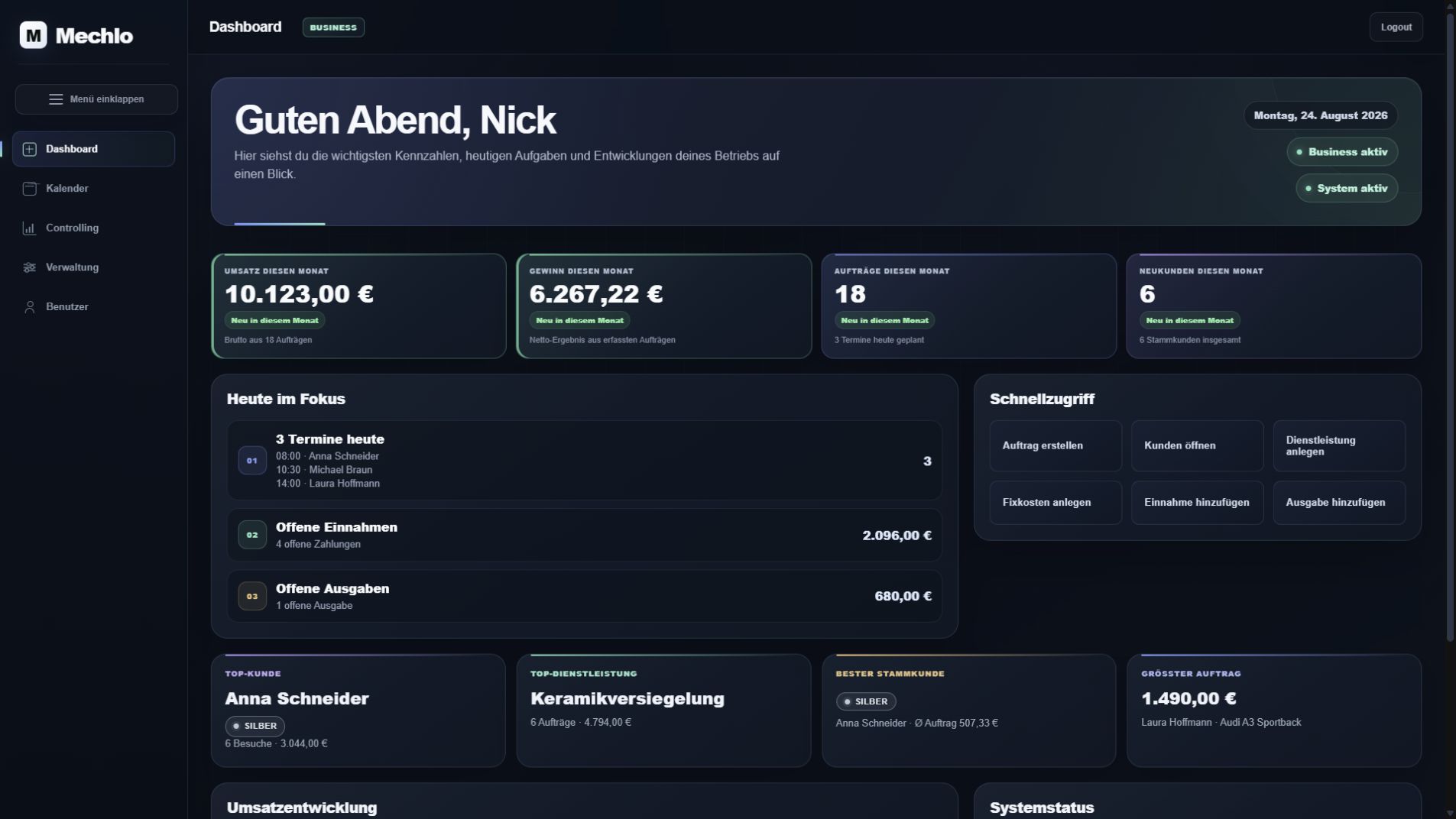 Mechlo-Dashboard mit Umsatz, Aufträgen, offenen Zahlungen und Schnellzugriffen